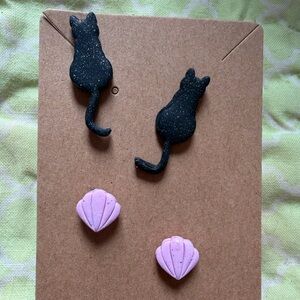 Black Cat and Pink Shell Handmade Polymer Clay Earrings